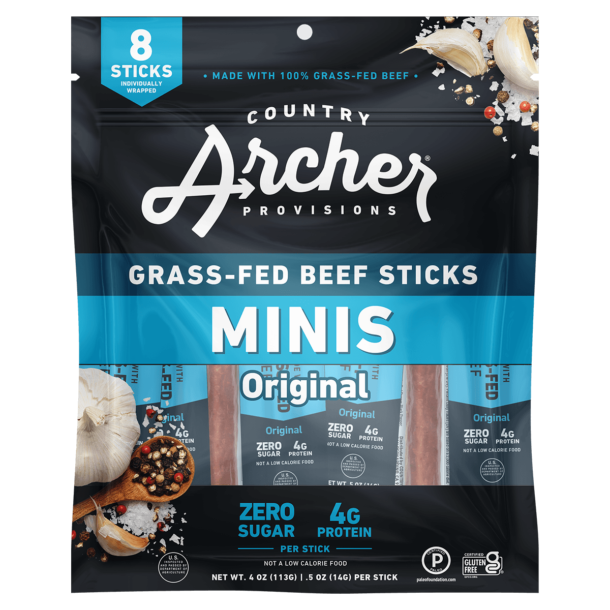 Country Archer Beef Sticks, Grass-Fed, Original, Minis - 8 pack, 0.5 oz beef sticks
