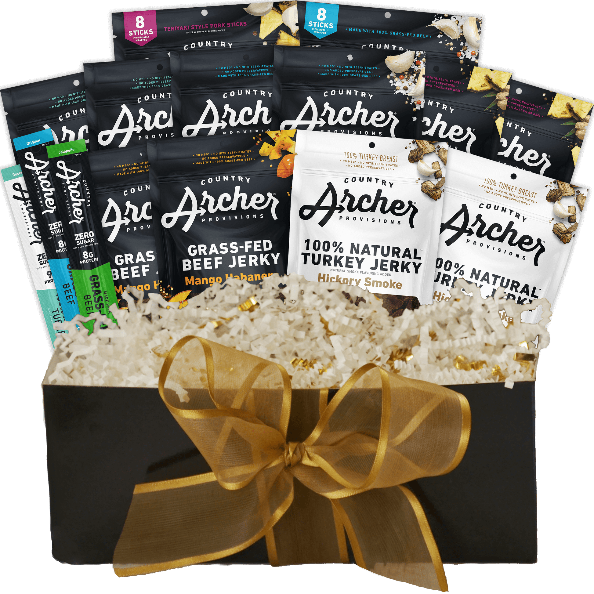 Jerky WOW Holiday Gift Box includes: Original Beef Jerky, 2.5 oz Bag (2), Mango Habanero Beef Jerky, 2.5 oz Bag (2),Teriyaki Beef Jerky, 2.5 oz Bag (2),Zero Sugar Classic Beef Jerky, 2 oz Bag (1),Hickory Smoke Turkey Jerky, 2.5 oz Bag (1),Original Minis, 8 oz Bag (1),Teriyaki Minis, 8 oz Bag (1), Original Beef Jerky Stick, 1 oz (1),Rosemary Turkey Jerky Meat Stick, 1 oz. (1),Jalapeno Beef Jerky Stick, 1 oz. (1). All items are Grass-fed Beef. Please note: Box color and ribbon may change.