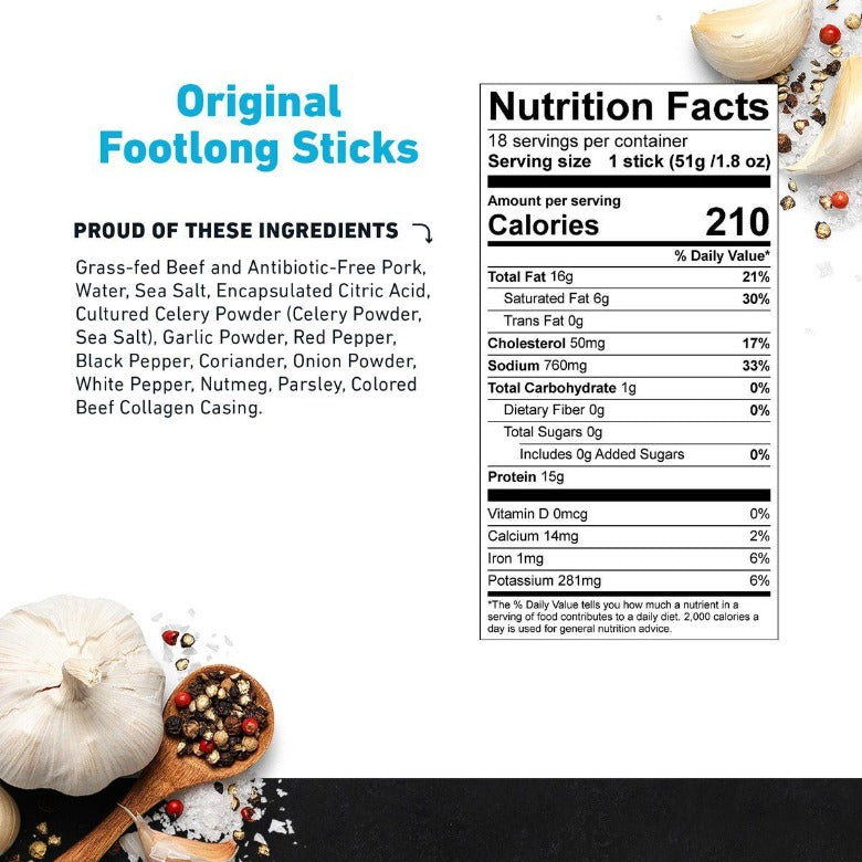  Original Footlong Beef & Pork Stick by Country Archer, Original Footlong Beef & Pork Stick, Beef - footlong stick - Gluten-Free - Grass Fed Beef - Keto - No Preservatives - Paleo - Real Ingredients - sticks, original-footlong-beef-pork-stick, , 1.8oz Stick