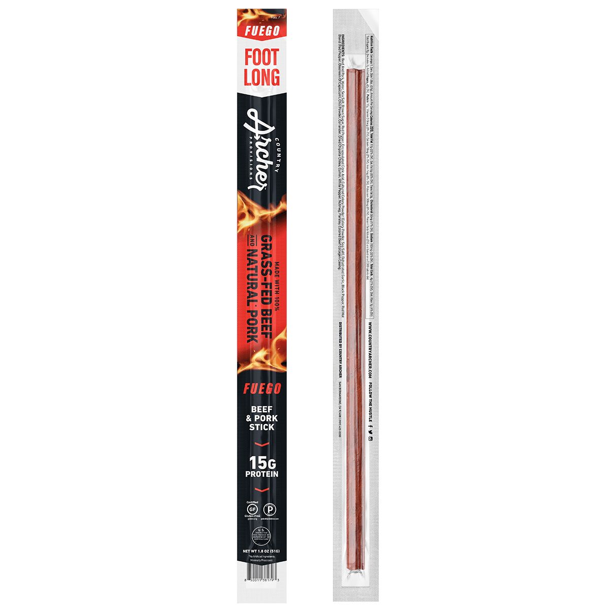  Fuego Footlong Beef & Pork Stick by Country Archer, Fuego Footlong Beef & Pork Stick, Beef - footlong stick - Gluten-Free - Grass Fed Beef - Keto - No Preservatives - Paleo - Real Ingredients - spicy - stick, fuego-footlong-beef-pork-stick, , 1.8oz Stick