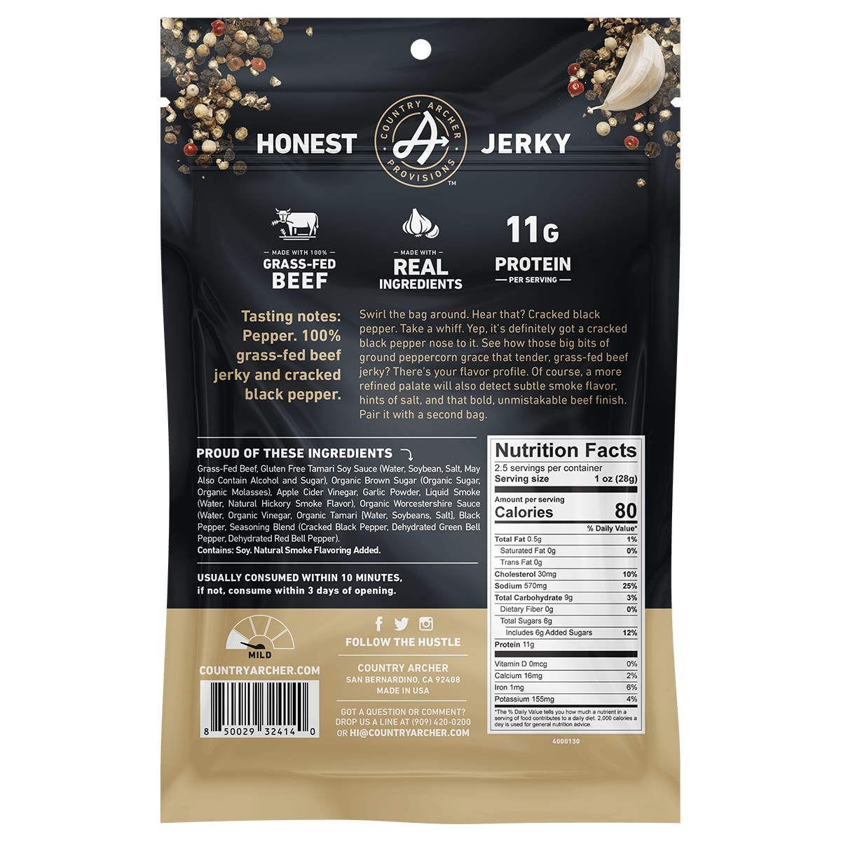 Cracked Pepper Beef Jerky by Country Archer, Cracked Pepper Beef Jerky, Beef, cracked-pepper-beef-jerky, , 2.5oz Bag