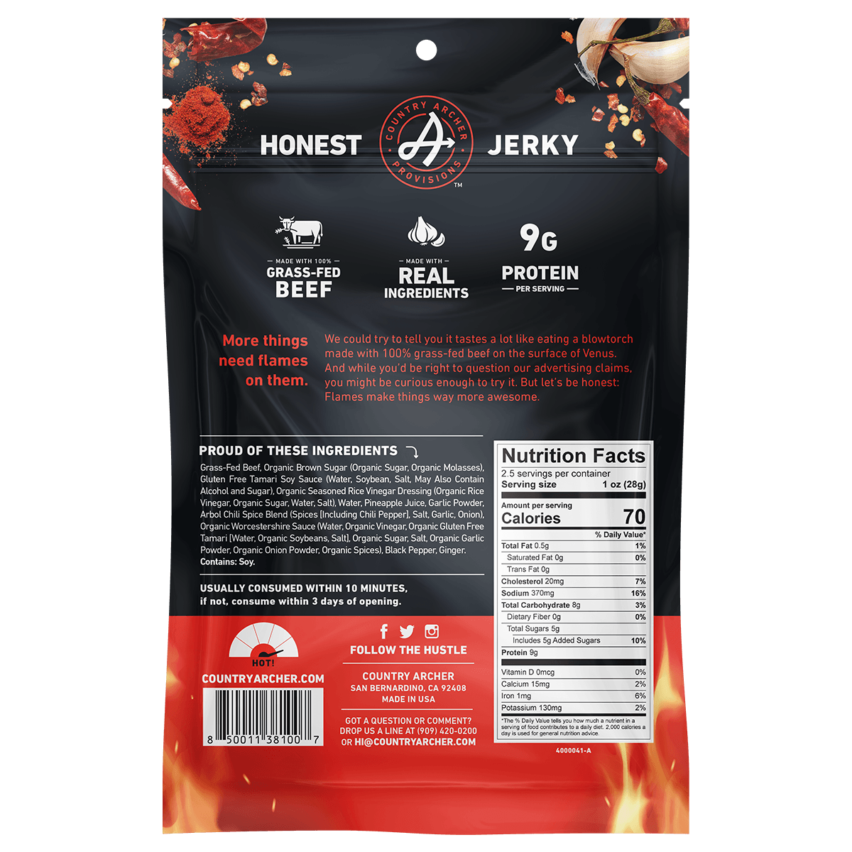  Fuego Beef Jerky by Country Archer, Fuego Beef Jerky, Beef - Gluten-Free - Grass Fed Be, fuego-beef-jerky, , 2.5oz Bag