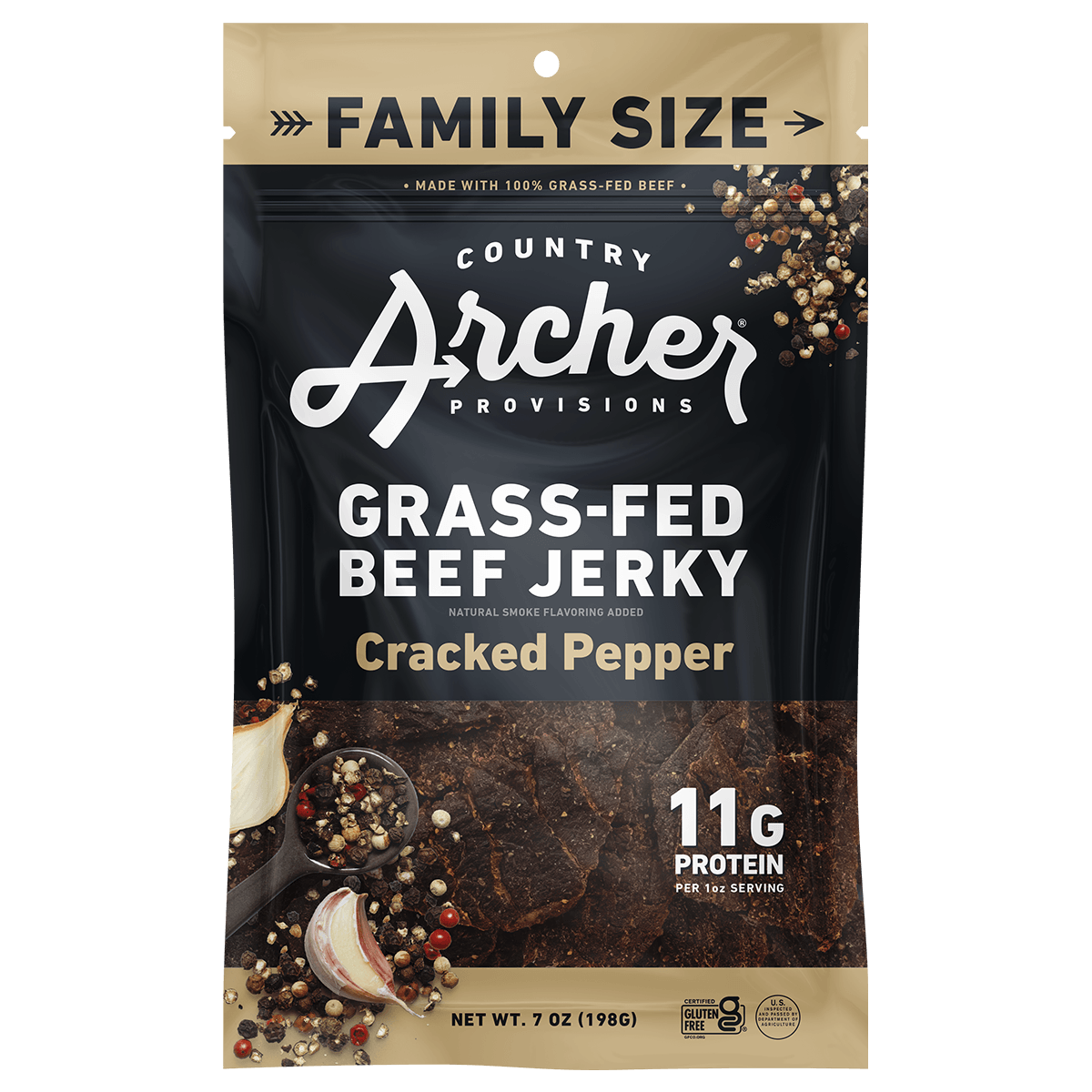  Cracked Pepper Beef Jerky by Country Archer, 8-Pack (8 x 7oz bags), Beef - Beef Jerky - Gluten-Free - Grass Fed Beef - High Protein - Jerky - Jerky_Day_Promo - No Preservatives - Organic Ingredients - Original Line, cracked-pepper-beef-jerky, , 8-Pack (8 x 7oz bags)