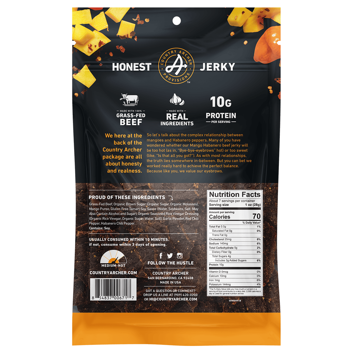  Mango Habanero Beef Jerky by Country Archer, Mango Habanero Beef Jerky, Beef, mango-habanero-beef-jerky, , 2.5oz Bag