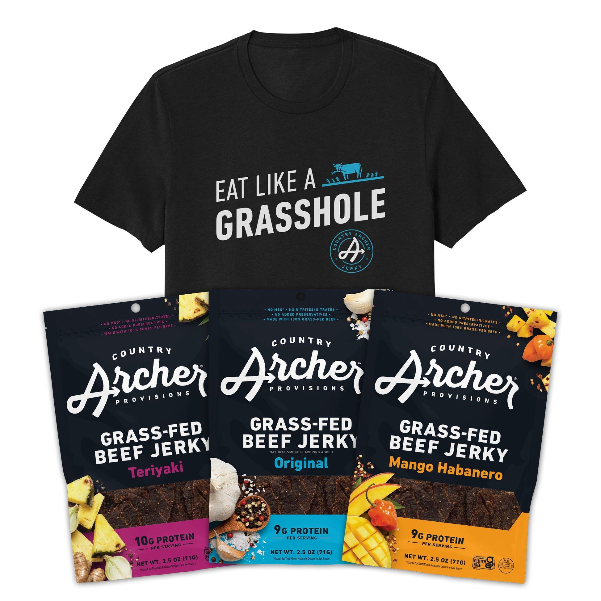  Grass-fed Beef Jerky Starter Gift Pack by Country Archer, Pack with 2X-Large Unisex T-Shirt, g, grass-fed-beef-jerky-starter-gift-pack, , Pack with 2X-Large Unisex T-Shirt