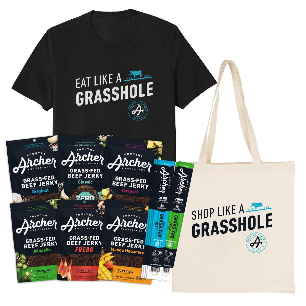 Ultimate Beef Jerky Gift Pack w/ Tote by Country Archer, Pack with 2X-Large Unisex T-Shirt, gift, ultimate-beef-jerky-gift-pack-w-tote, , Pack with 2X-Large Unisex T-Shirt